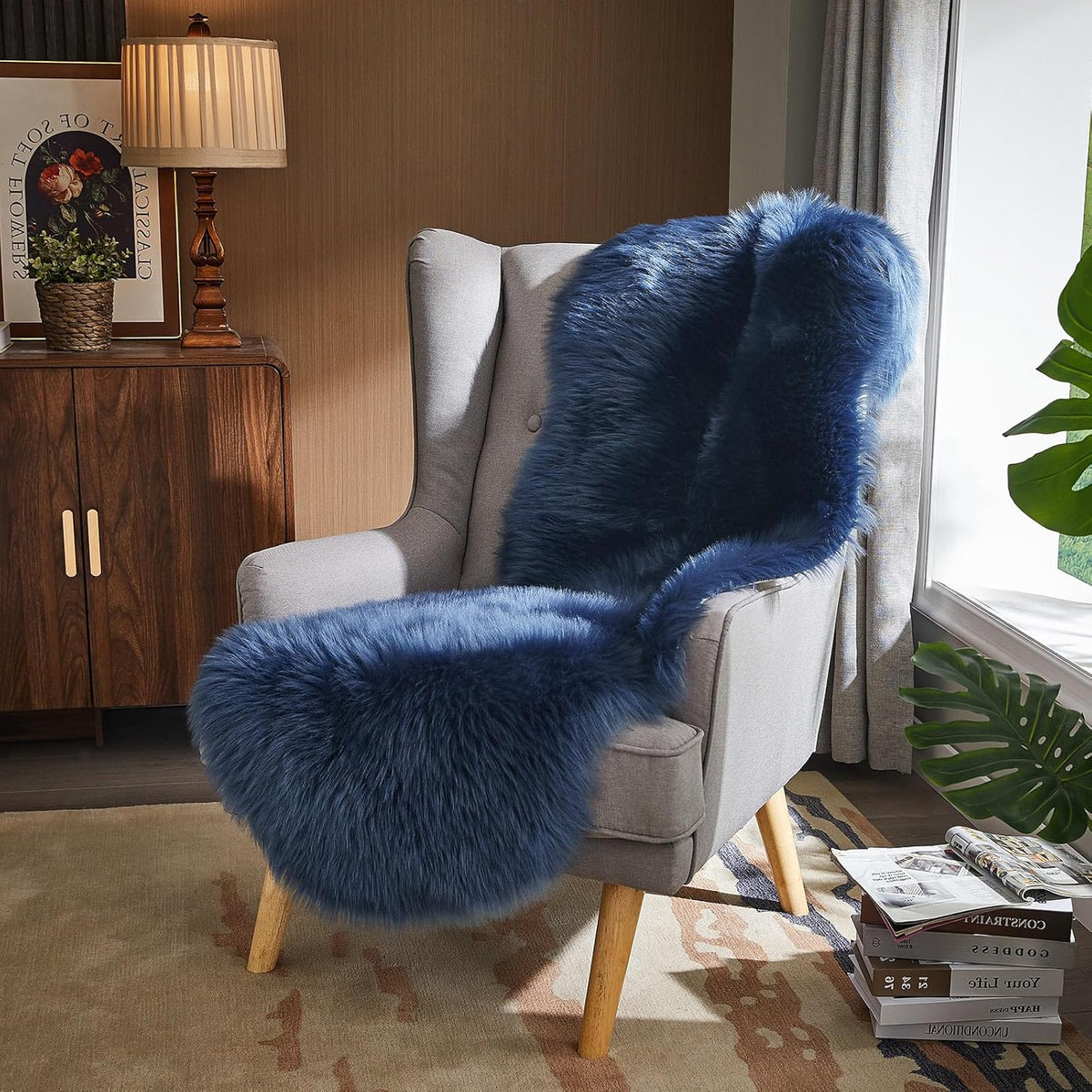 AMTOVO Faux Sheepskin Rug, Dark Blue Ultra Soft Fluffy Shag Area Rug, 2 x 6 ft Faux Fur Rug for