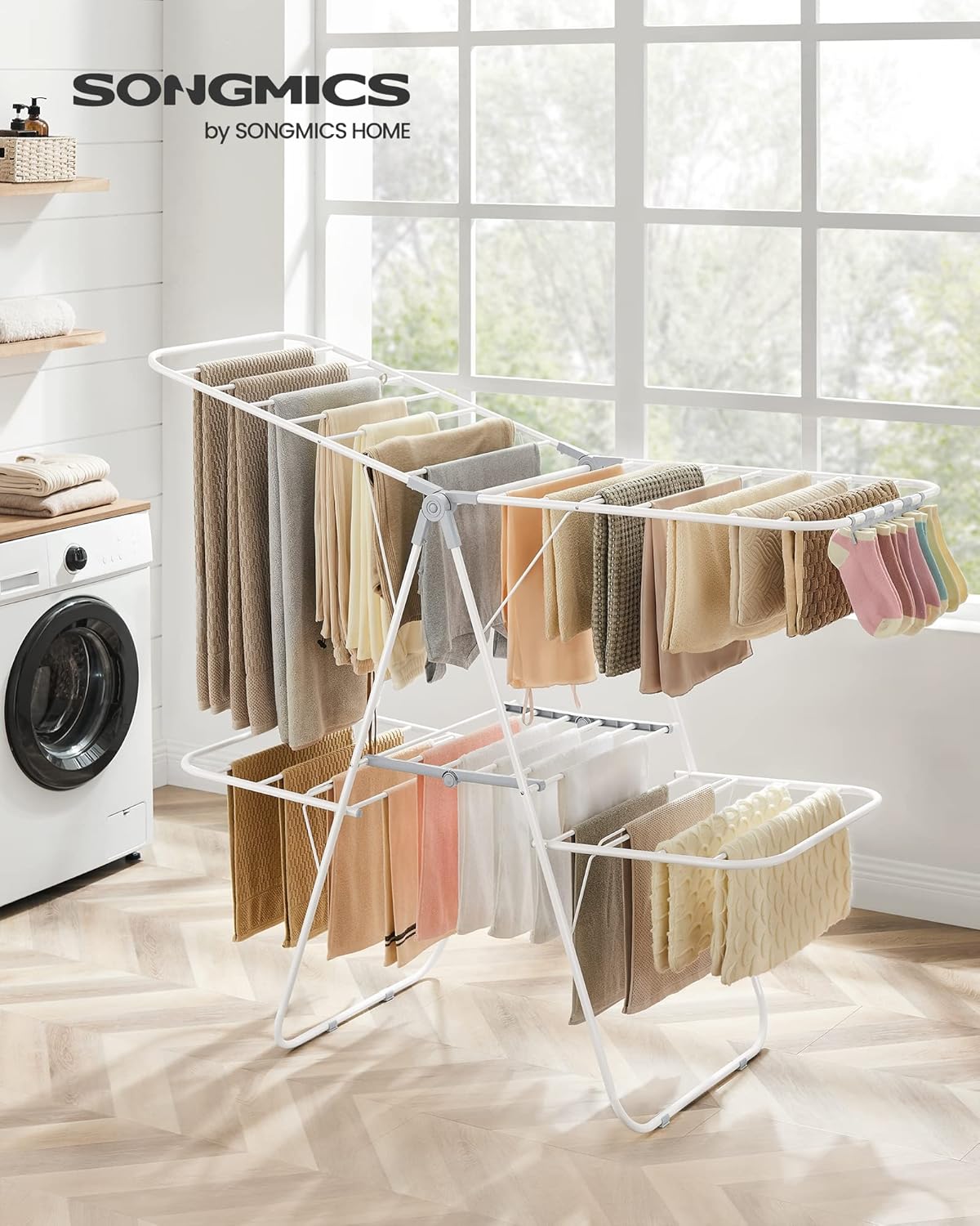 SONGMICS Clothes Drying Rack, Foldable 2-Level Laundry Drying Rack, Free-Standing Laundry Airer