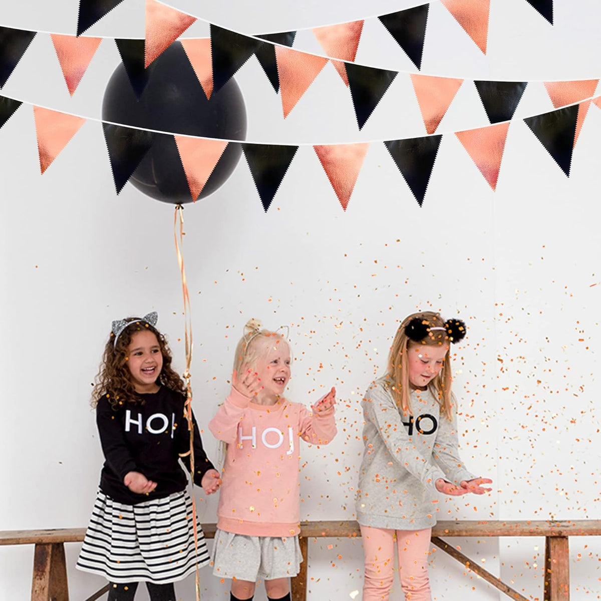 Black Rose Gold Party Decorations Triangle Pennant Banner Flag Rose Gold Black Metallic Fabric