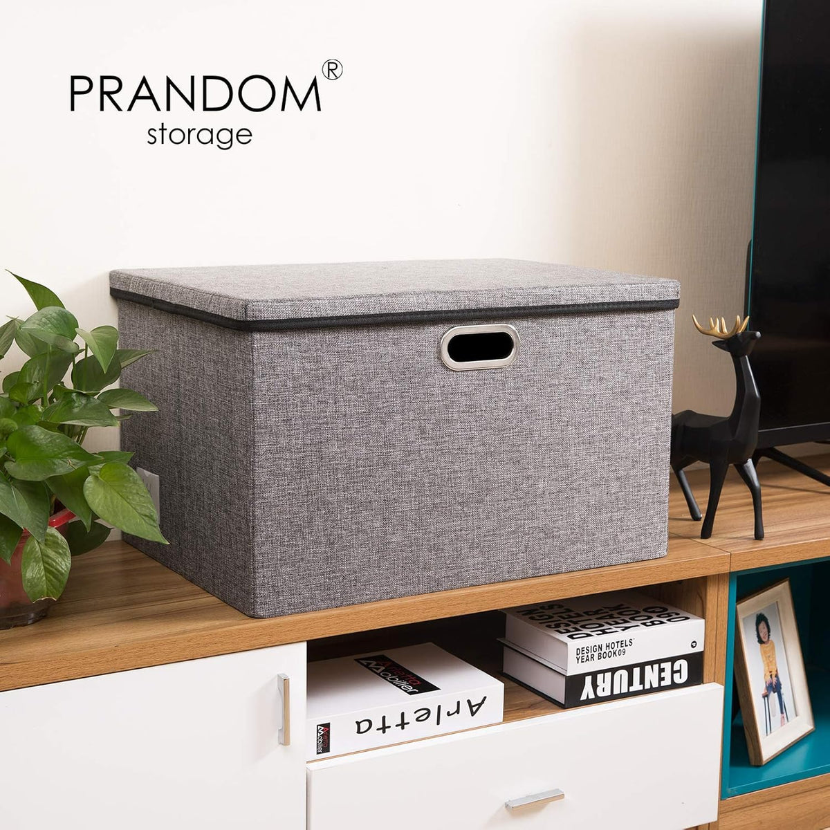 PRANDOM Extra Large Collapsible Storage Bins with Lids [3-Pack] Linen Fabric Foldable Storage