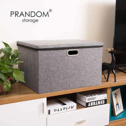 PRANDOM Extra Large Collapsible Storage Bins with Lids [3-Pack] Linen Fabric Foldable Storage
