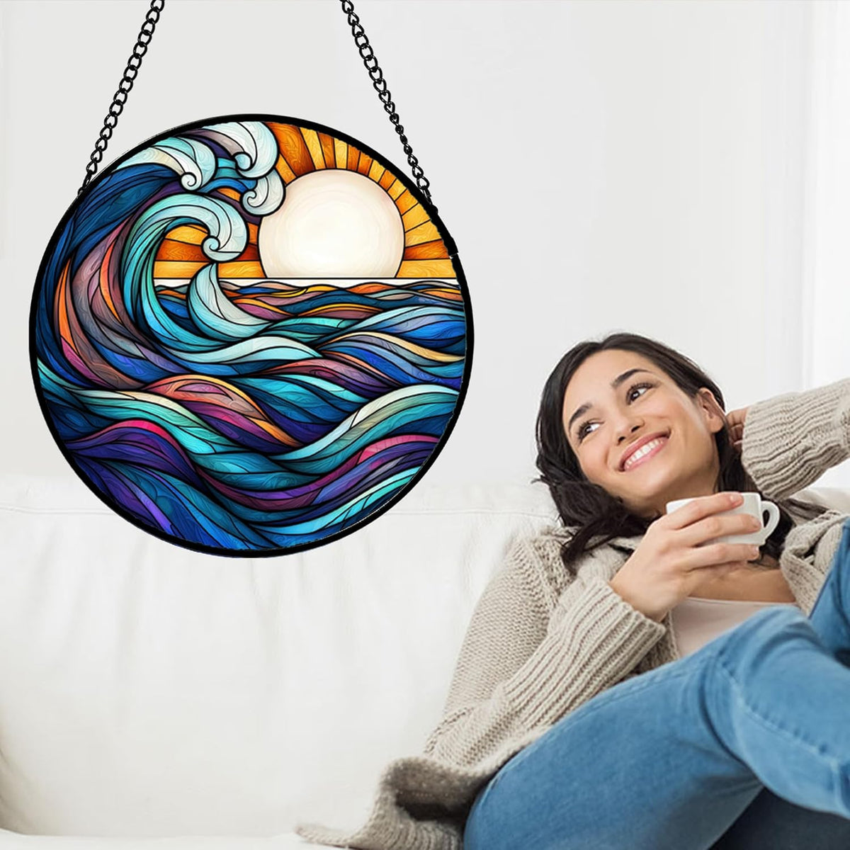 Stained Glass Window Hanging, Big Wave Sun Suncatcher Diamond Glass Panel Hangings Abstract Sun
