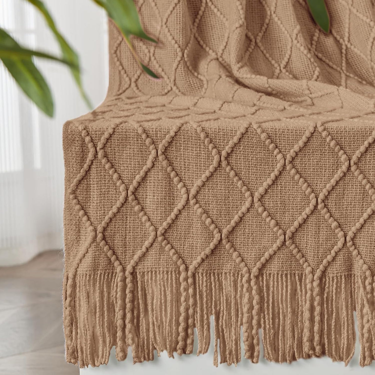 inhand Knitted Throw Blankets for Couch and Bed, Soft Cozy Knit Blanket with Tassel, Khaki