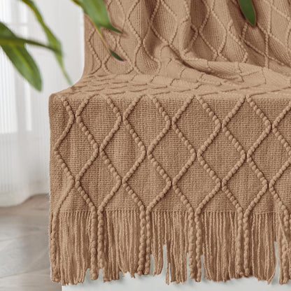 inhand Knitted Throw Blankets for Couch and Bed, Soft Cozy Knit Blanket with Tassel, Khaki