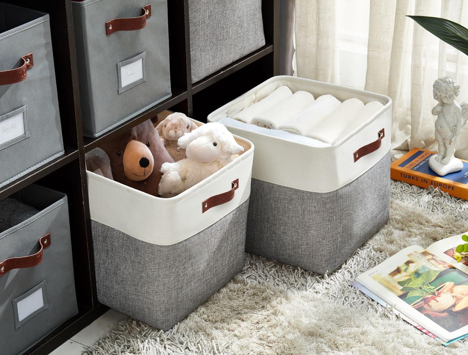 DECOMOMO 13 Inch Cube Storage Bins, Fabric Storage Cube, Basket for Kallax Shelves (Grey & White, 4