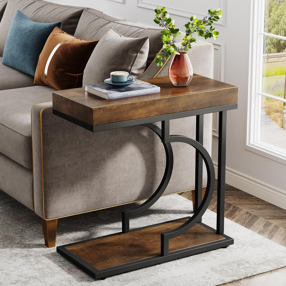 Tribesigns Narrow Side Table Brown Black C Shaped End Table Modern Bedside Tables for Couch, Small