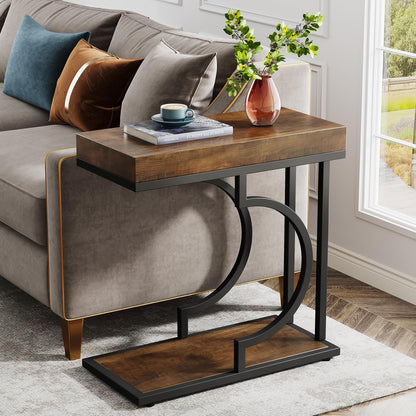 Tribesigns Narrow Side Table Brown Black C Shaped End Table Modern Bedside Tables for Couch, Small