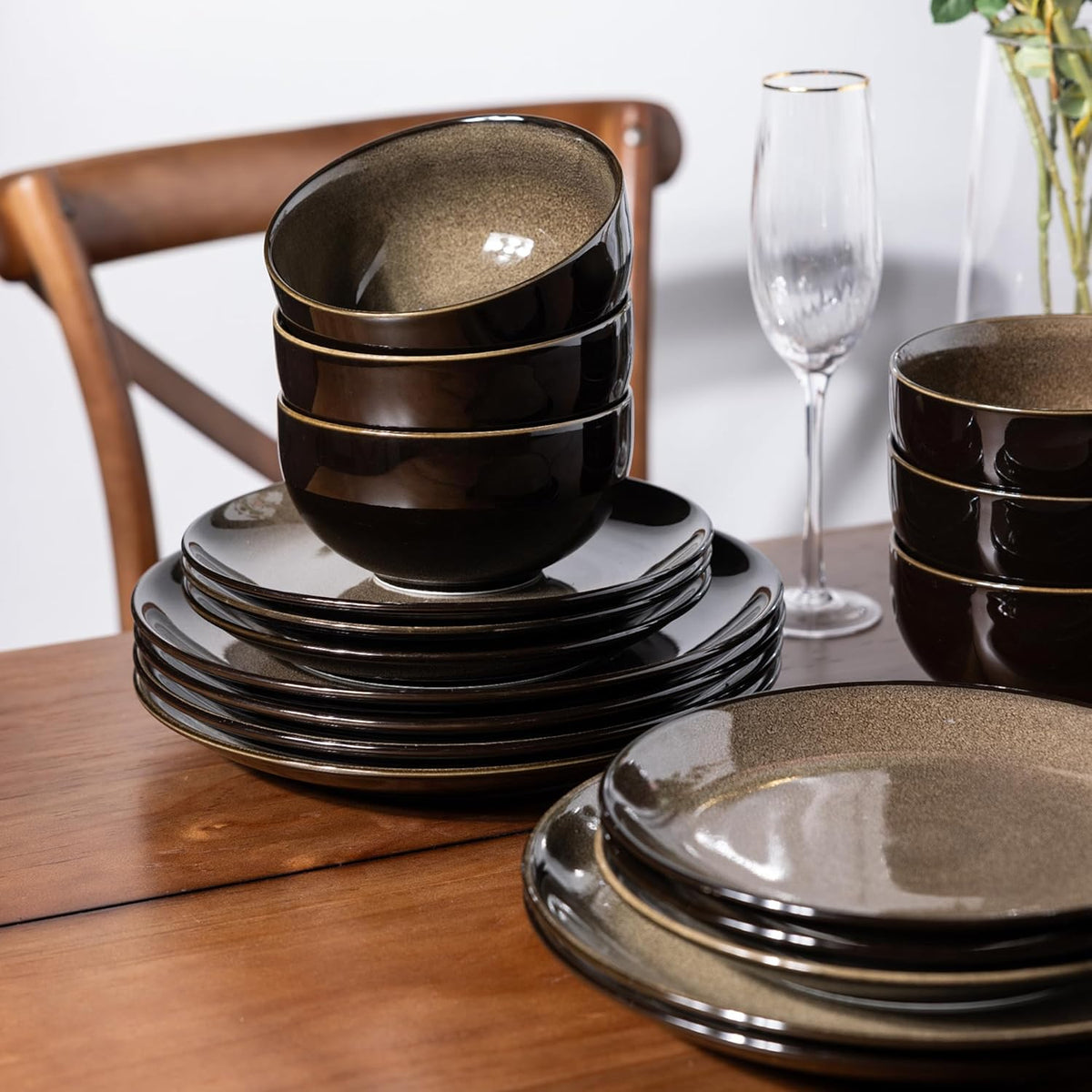 LeRatio Ceramic Dinnerware Sets for 6,Stoneware Plates and Bowls Sets,Handmade Reactive Glaze