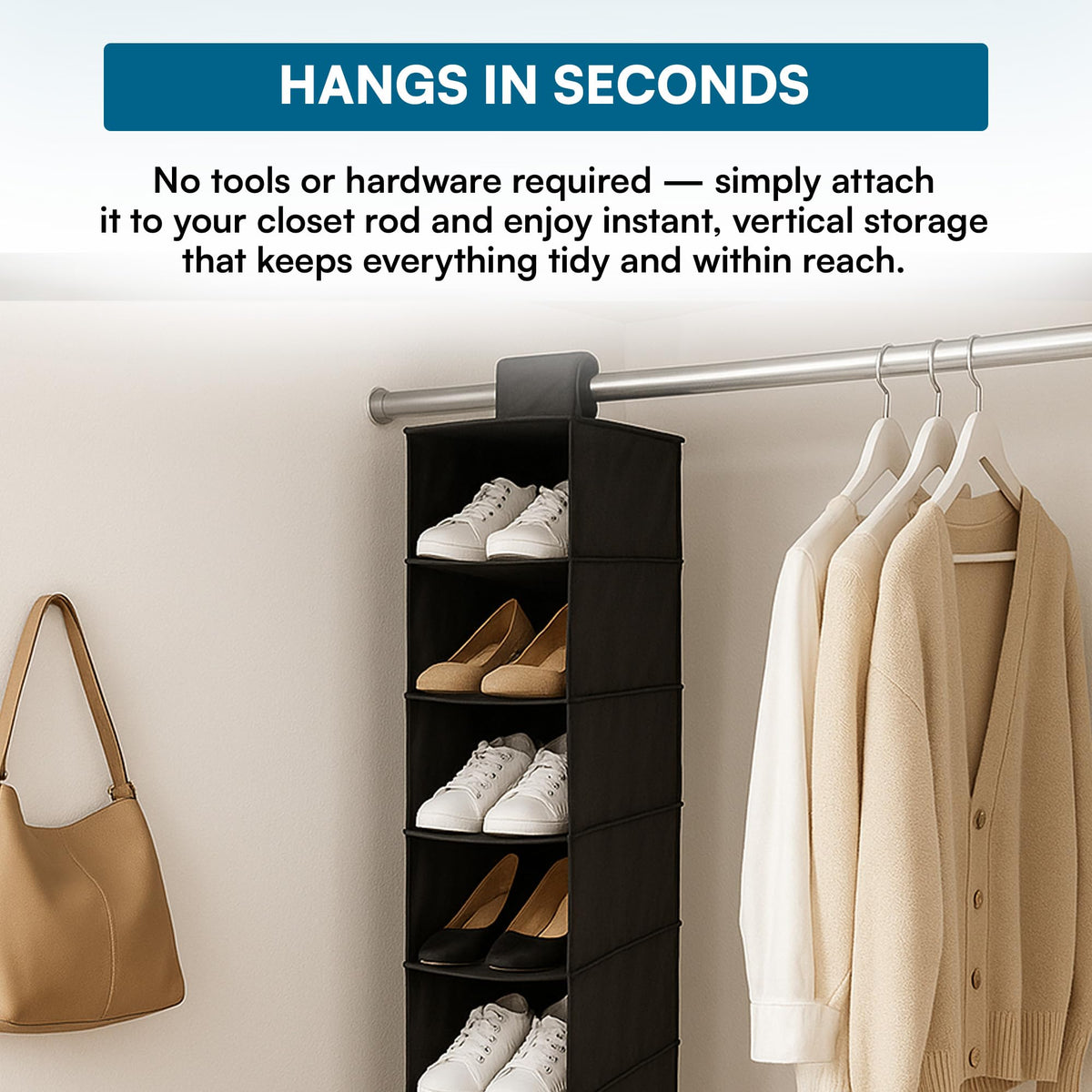 Honey-Can-Do 10-Shelf Hanging Shoe Organizer, Black - Closet Storage Rack for Shoes, Accessories &