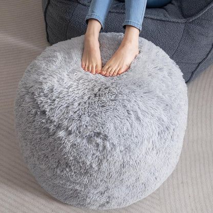 HIGOGOGO Round Stuffed Pouf Ottoman, Long Faux Fur Poufs with Foam Chunk Filling, Fluffy and Furry