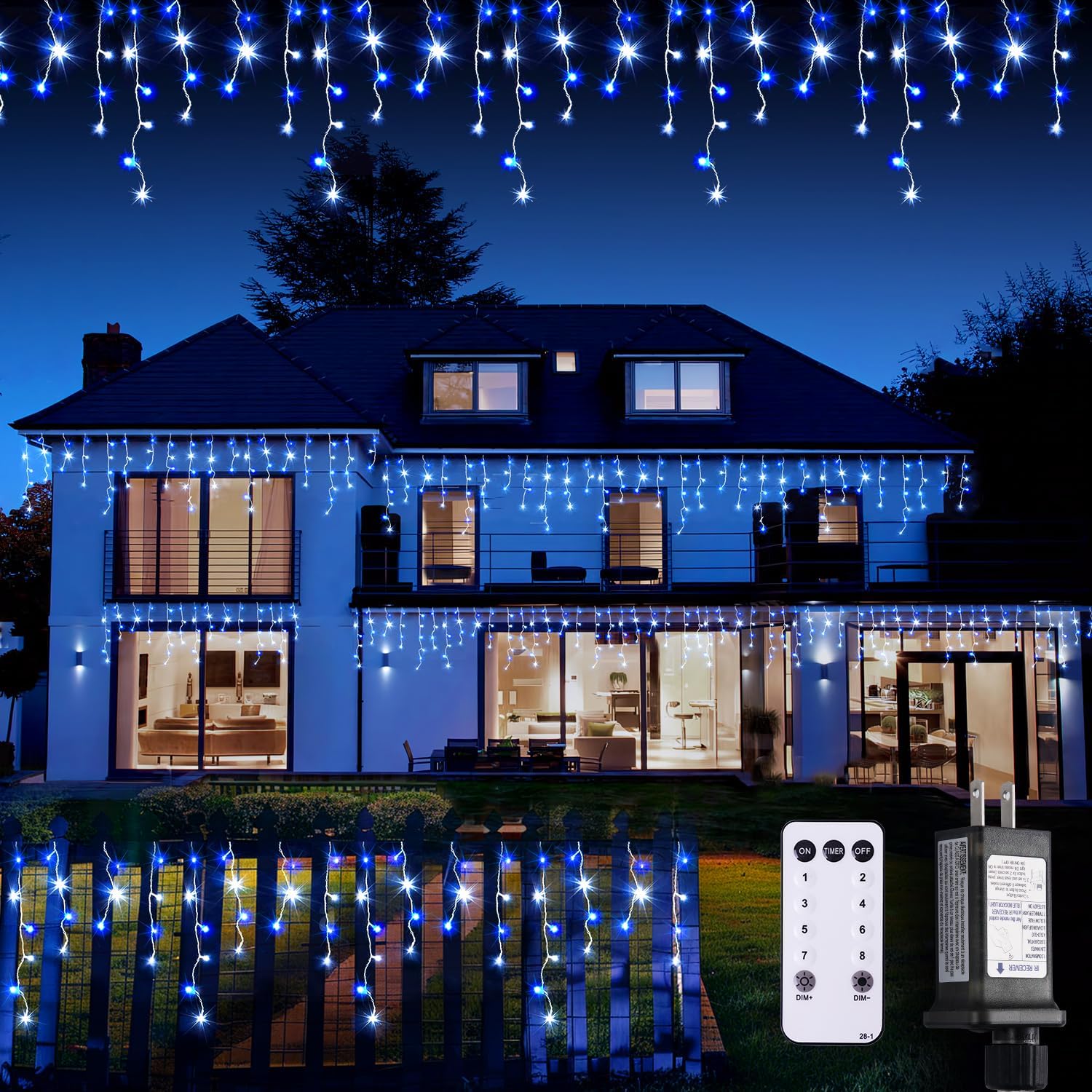JMEXSUSS Blue&White Icicle Lights - 38.8FT 400 LED Icicle String Lights with Remote for