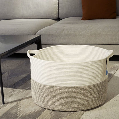 Casaphoria XXL Cotton Rope Basket - 21.7" x 21.7" x 13.8" Woven Laundry Hamper with Handle