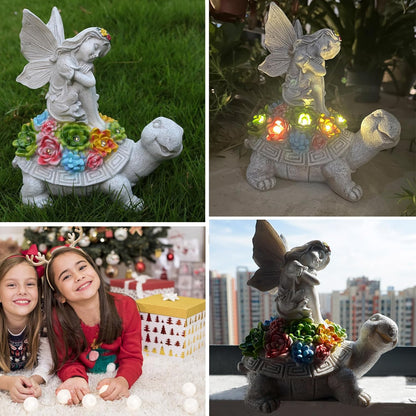 Garden Statues Outdoor Decorations Solar Turtle Angels Decor with Succulents LED Lights Garden