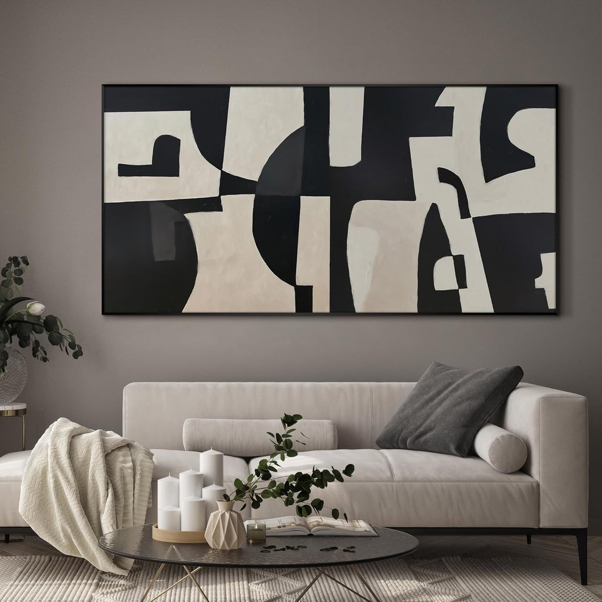 SIGNWIN 24"x46" Extra Large Framed Wall Art Black and White Abstract Geometric Design, Minimalist