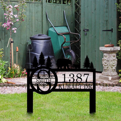 Personalized Custom Bear Wildlife Decor with Metal Stake - Address House Number Name Sign for