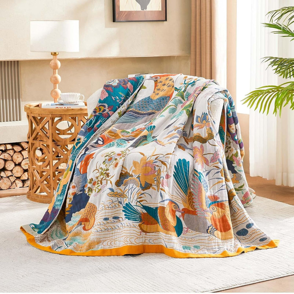 Fall Throw Blanket for Couch, Yellow Boho Decorative Throw Blanket, 100% Cotton Muslin Breathable