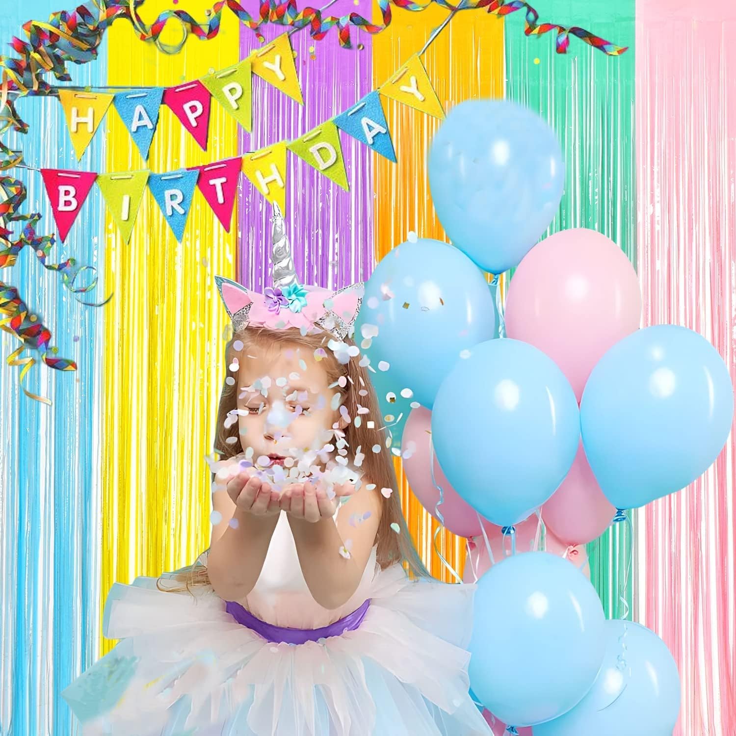 BRAVESHINE Tinsel Foil Fringe Curtains - 2Pcs 3.2x8.2ft Pastel Colourful Photo Backdrop for Sweet
