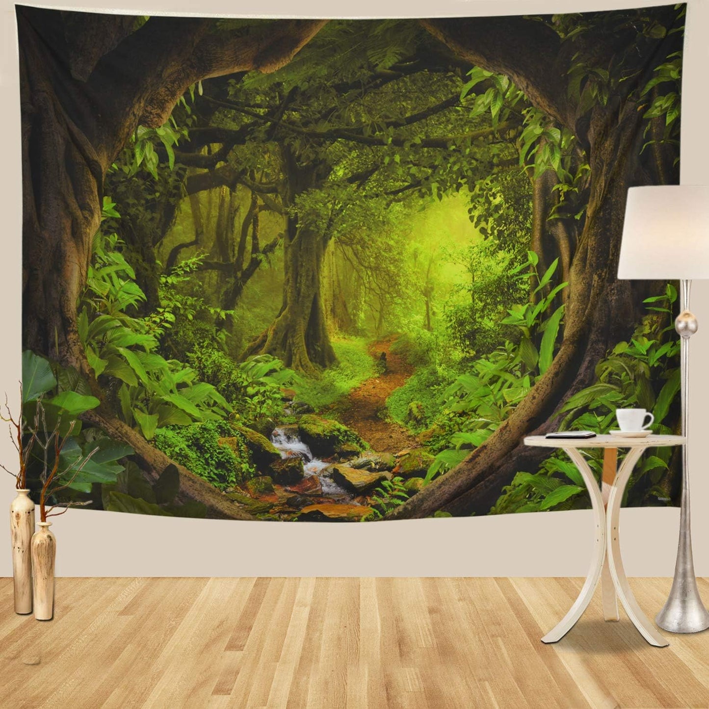 Tushelia Forest Nature Tree Cave Wall Hanging - Misty Forest Stream Through Rainforest Landscape