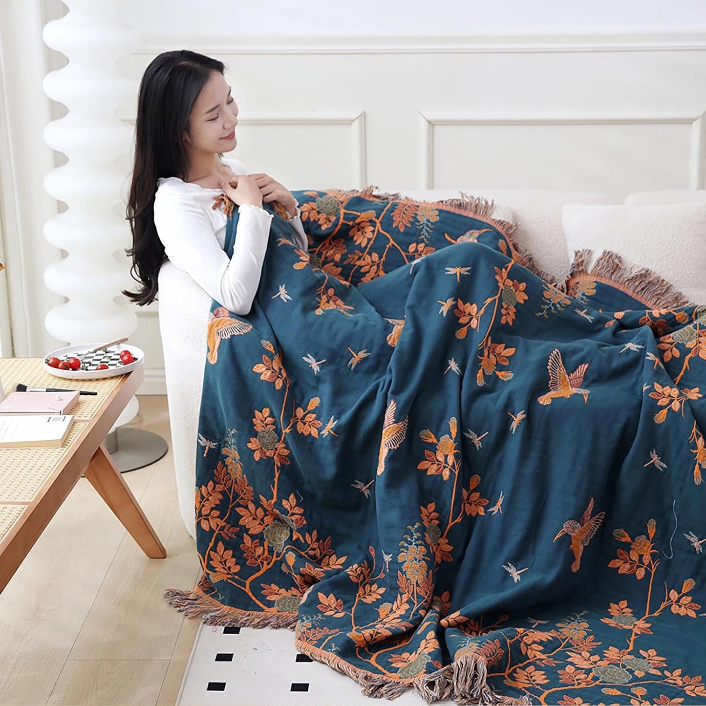 Snycler Boho Throw Blanket for Bed, 100% Organic Cotton Muslin Soft Throw-Floral Bird Farmhouse