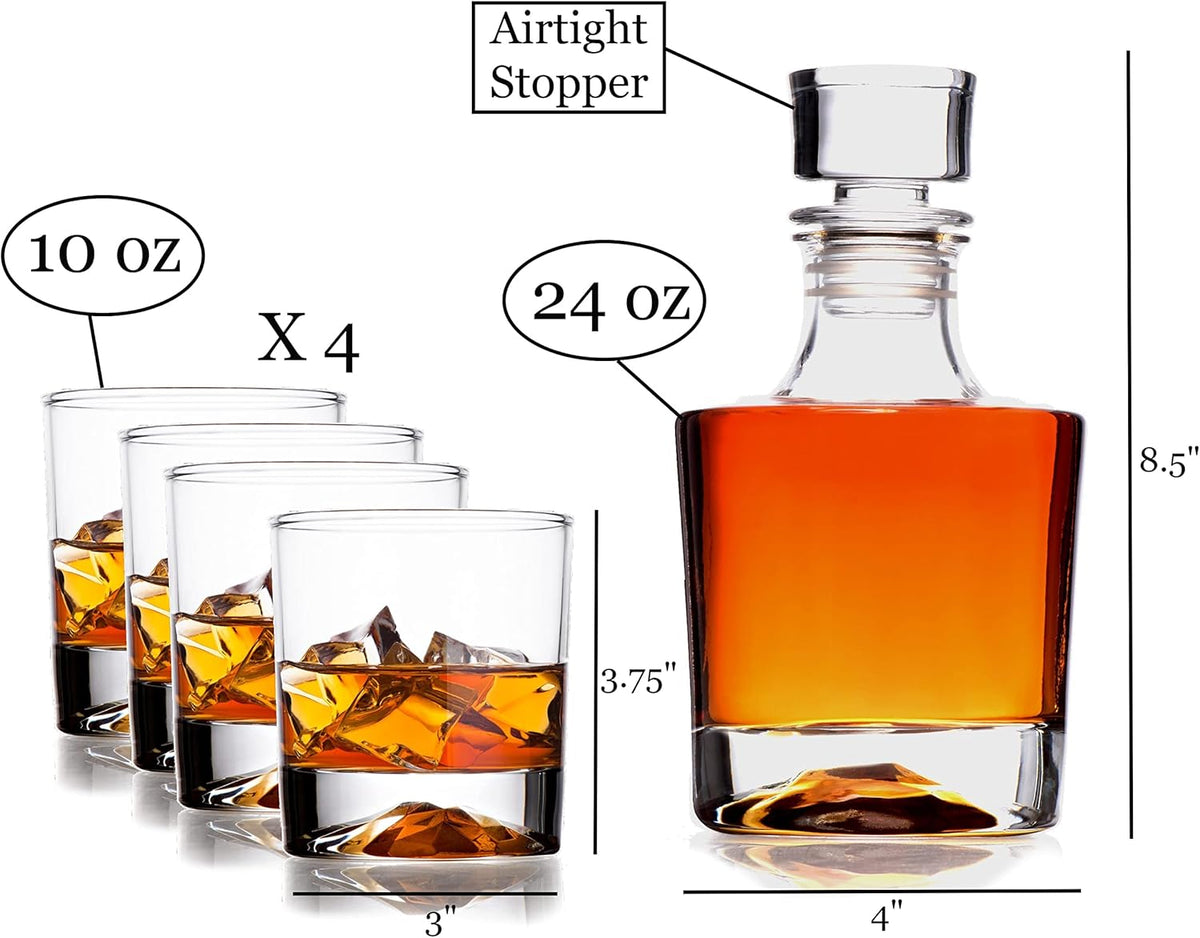 Whiskey Decanter Glasses Gift Set - 4 Whiskey Glasses - Airtight Stopper for Wine, Bourbon, Brandy