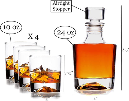 Whiskey Decanter Glasses Gift Set - 4 Whiskey Glasses - Airtight Stopper for Wine, Bourbon, Brandy