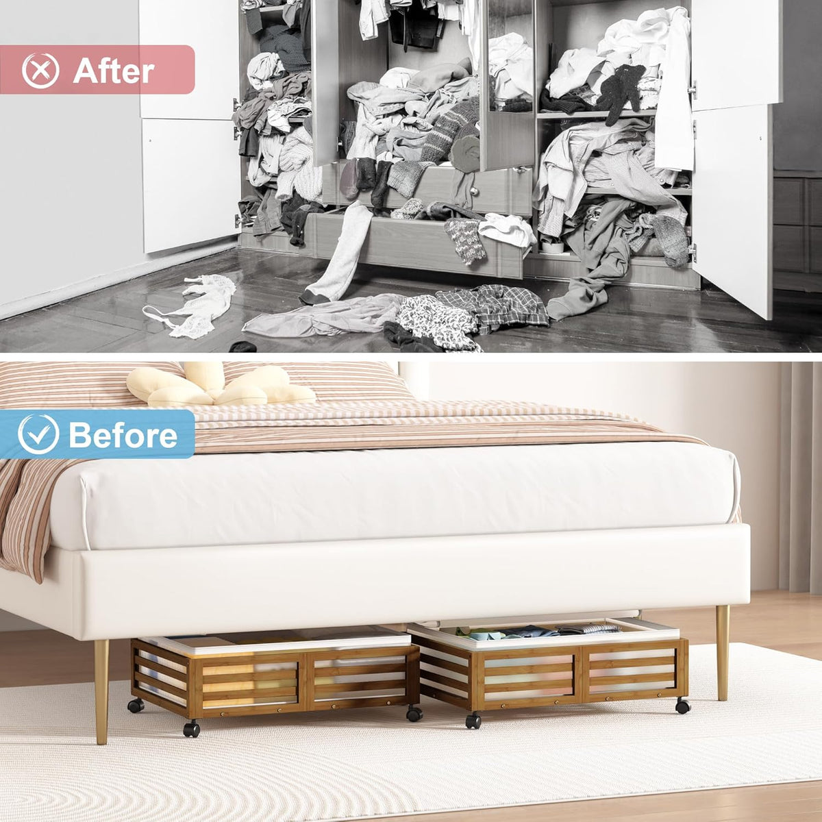 Under Bed Storage Containers With Wheels - 2 Pcs Bamboo Wood Rolling Underbed Shoe Storage Bins