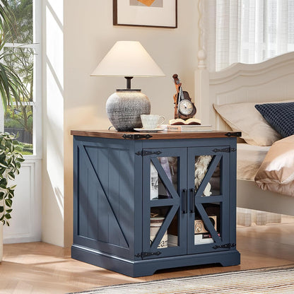 Farmhouse End Table Set of 2 with Charging Station, 24" Large Sofa Side Table with Glass Barn Door