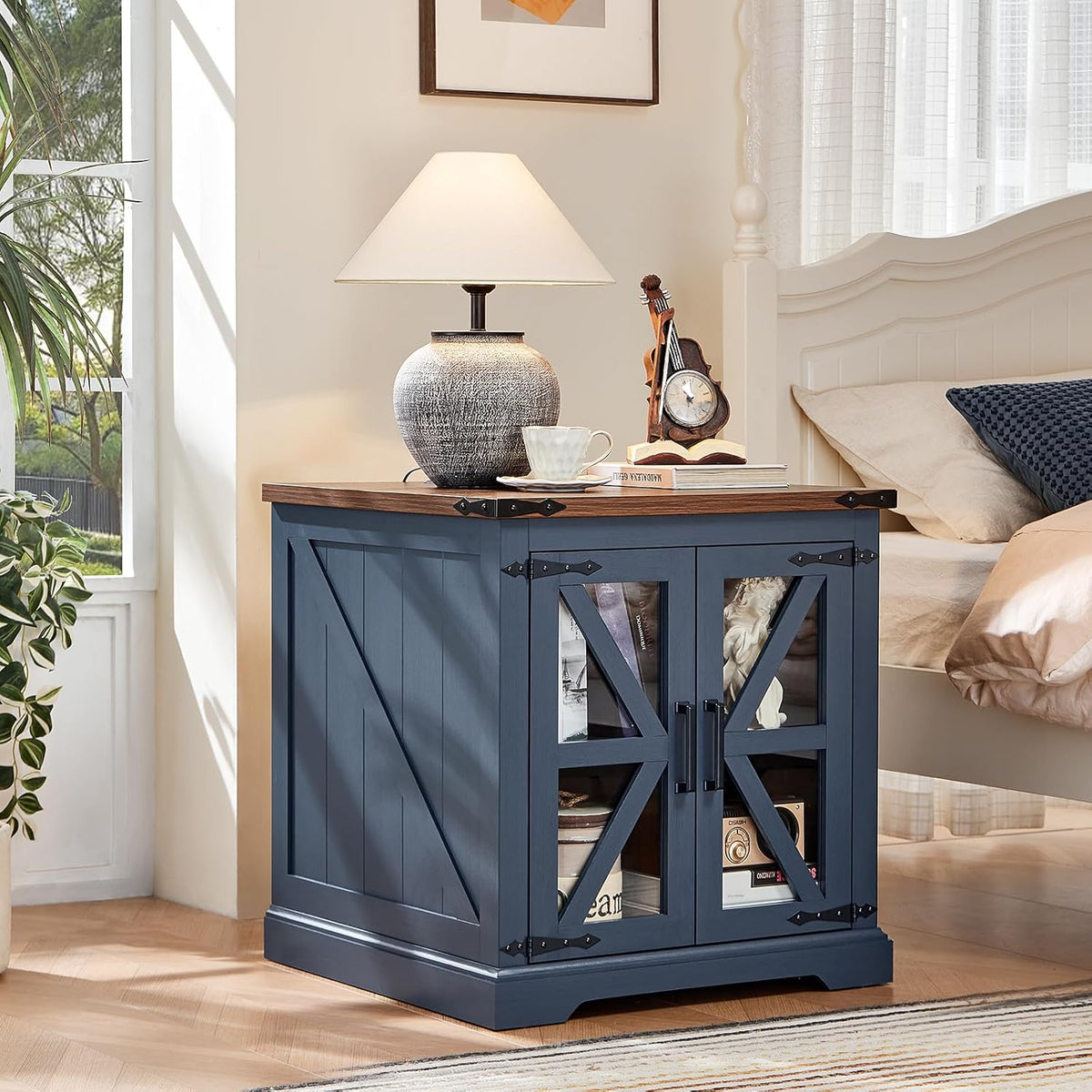 24" End Table with Charging Station, Farmhouse Night Stand with Glass Barn Door, White Nightstands