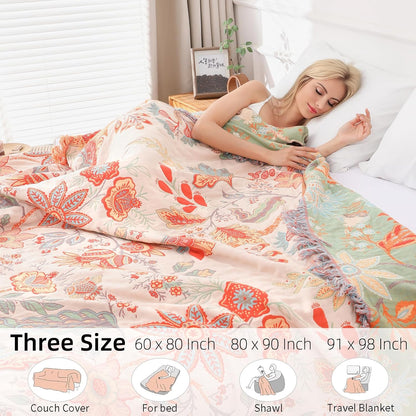 Boho Throw Blanket for Bed - 100% Pure Cotton Ultra Soft Rustic Quilt - Farmhouse Decor Bed