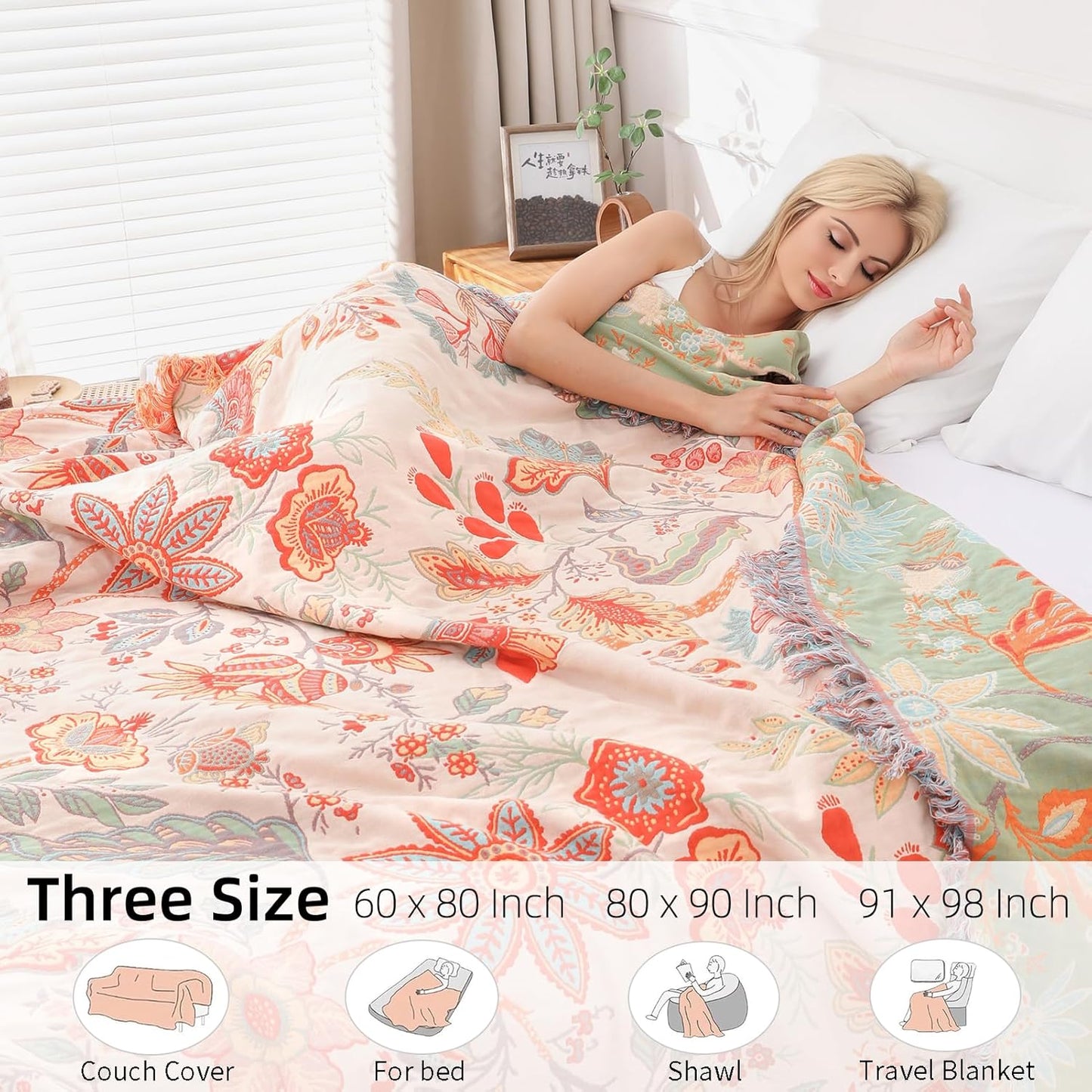 Boho Throw Blanket for Bed - 100% Pure Cotton Ultra Soft Rustic Quilt - Farmhouse Decor Bed