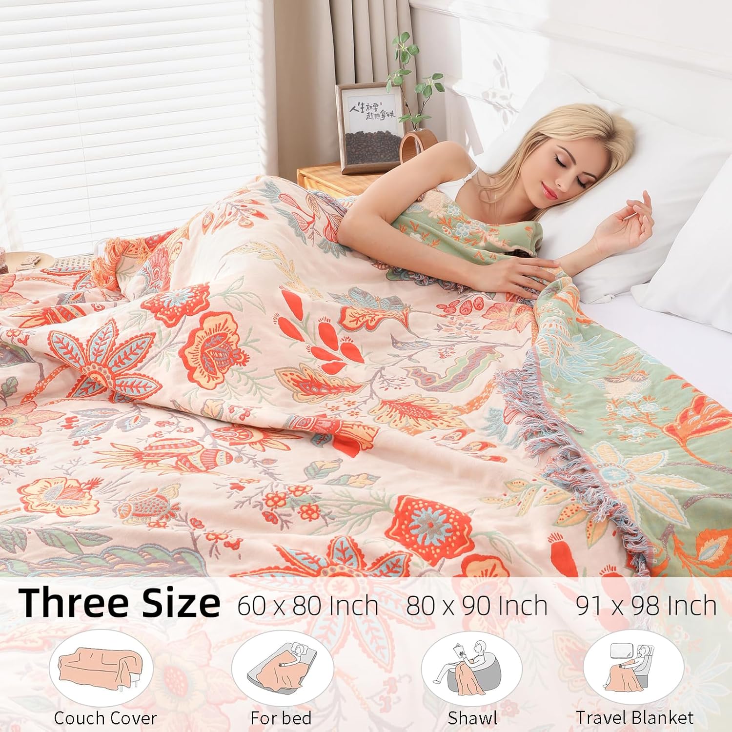 Boho Throw Blanket for Bed - 100% Pure Cotton Ultra Soft Rustic Quilt - Farmhouse Decor Bed