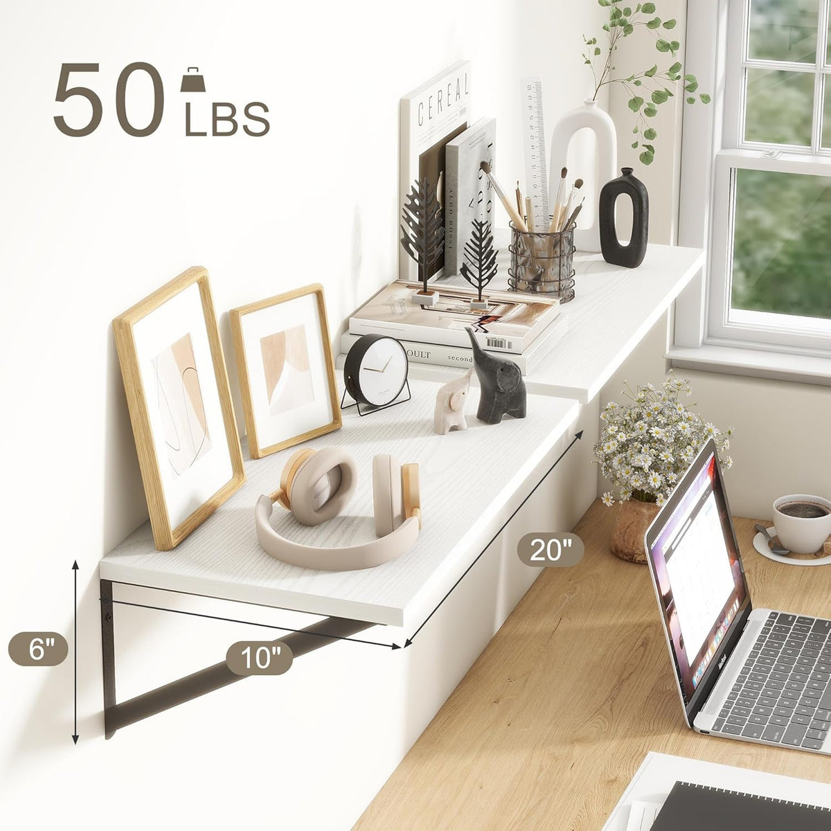 Fun Memories 20 Inch Floating Shelves for Wall, White Bathroom Shelves Set of 2, 10 Inch Deep Wall