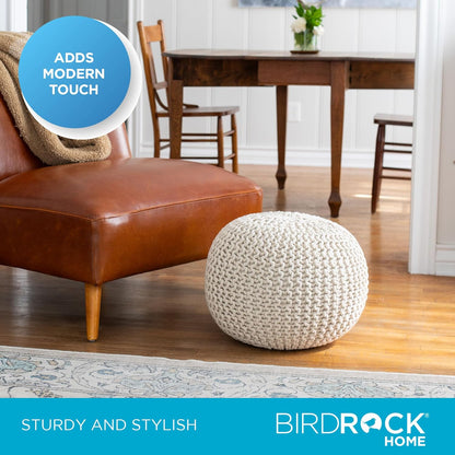 BIRDROCK HOME Round Pouf Ottoman | Cotton Braided Foot Stool with Bean Bag Filling | Boho Foot Rest