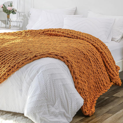 Bigacogo Chunky Knit Throw Blanket for Couch, 51x63 inches, 100% Hand Knitted with Thick Jumbo