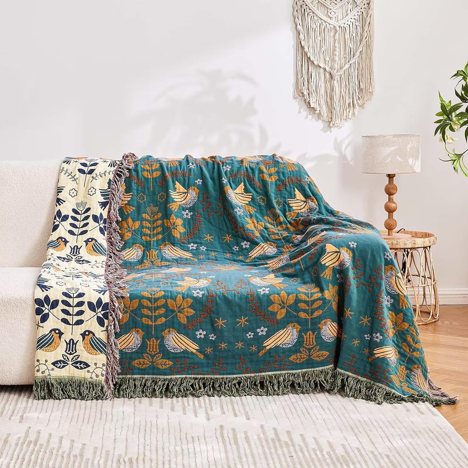 Boho Throw Blanket, 100% Cotton Ultra Soft Luxury Throw Rustic Quilt, 60"x80" Floral Printed