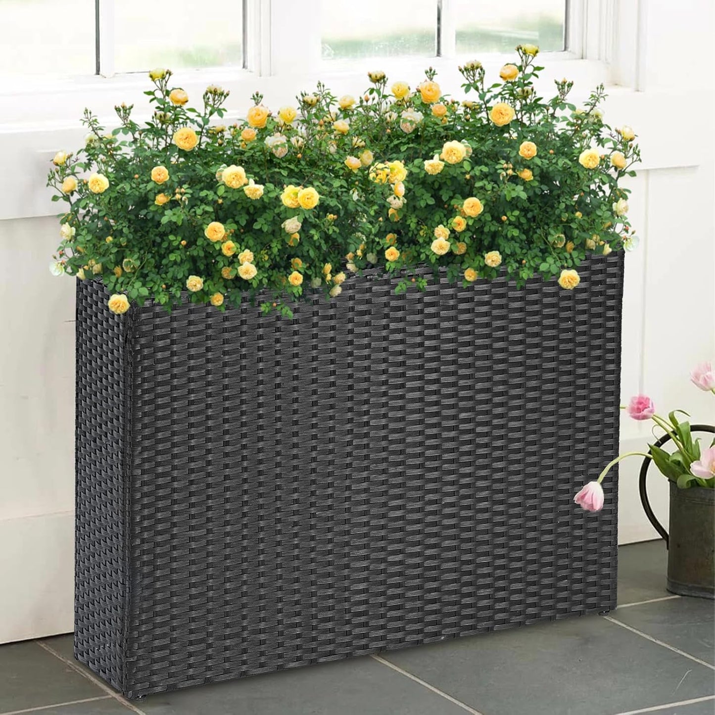 SUNNYPARK Tall Rectangular Planter with Removable Liner, All-Weather PE Rattan Large Modern