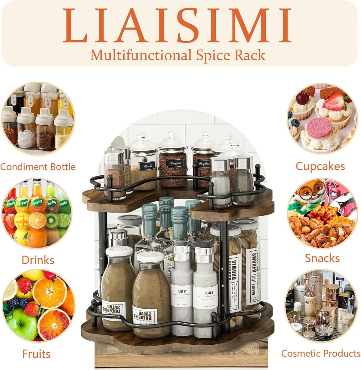2 Tier Lazy Susan Organizer,2-Tier Spinning Spice Rack with Stable Carousel Base & 4 Height