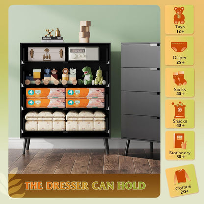 WLIVE 4 Drawer Dresser for Bedroom, Tall Wood Dresser, Modern Black Dressers with Sturdy Metal