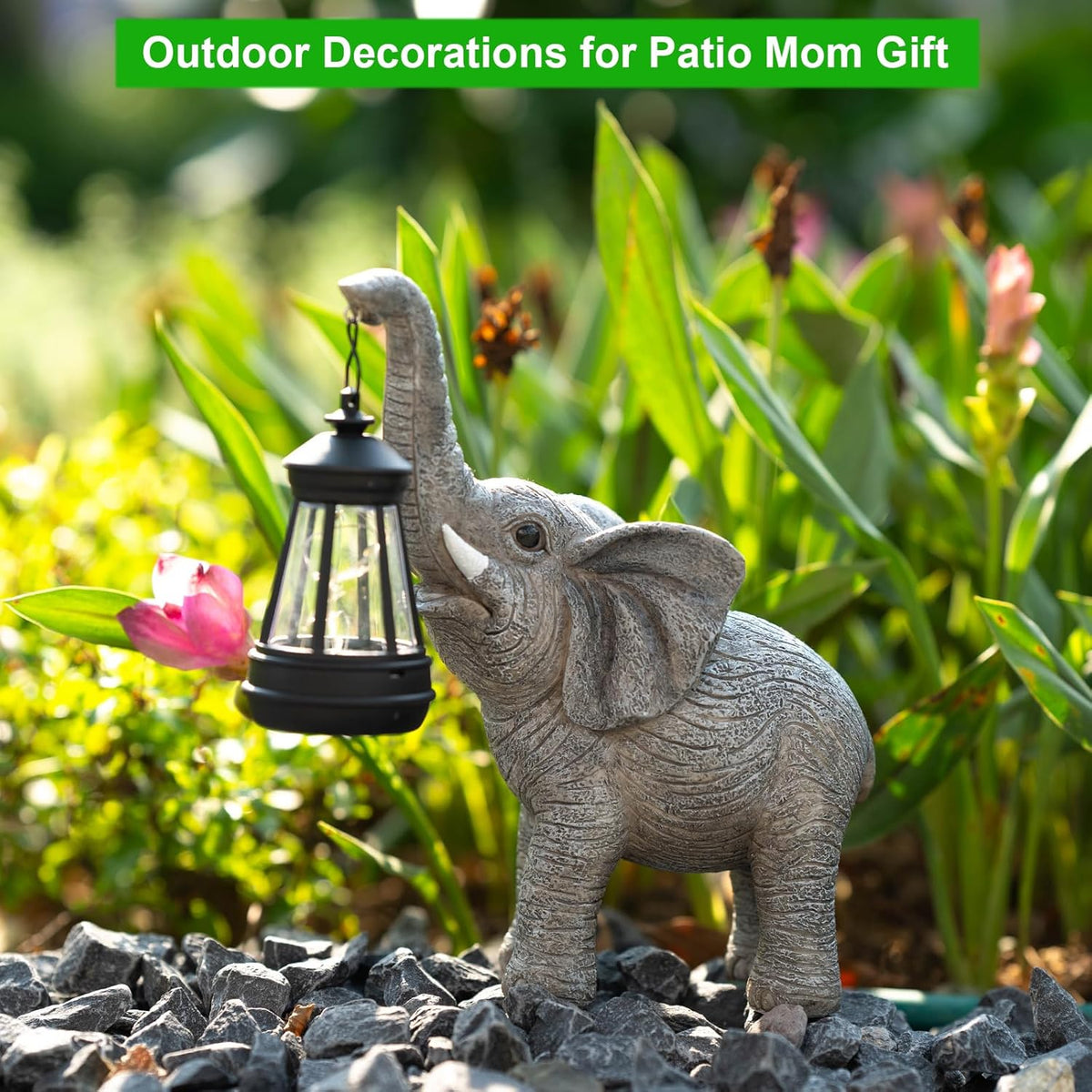 Solar Garden Statue Lights Elephants Figurine with Solar Lantern, Outdoor Yard Decorations for
