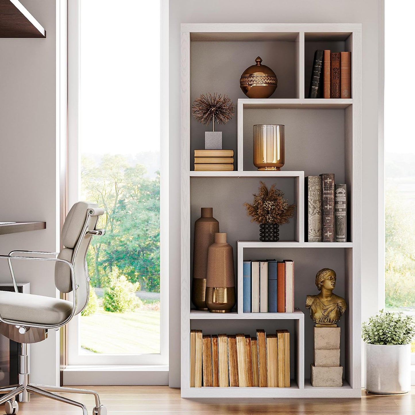 IRONCK Geometric Bookcase 6-Shelf Industrial Bookshelf White Etagere Bookcase Tall Storage Display