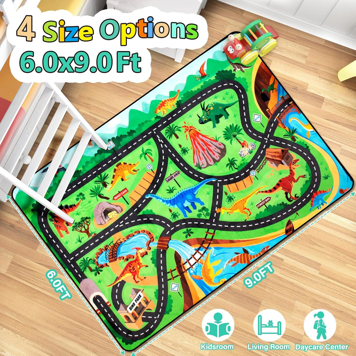 Kids Rug, Car Carpet for Kids' Toy Cars, 6x9 Ft Dinosaur Rug, Dino Safari Road Mat for Playroom