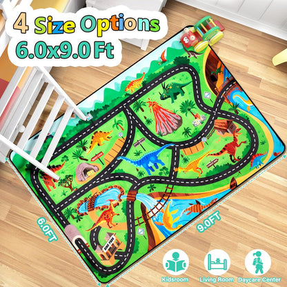 Kids Rug, Car Carpet for Kids' Toy Cars, 6x9 Ft Dinosaur Rug, Dino Safari Road Mat for Playroom