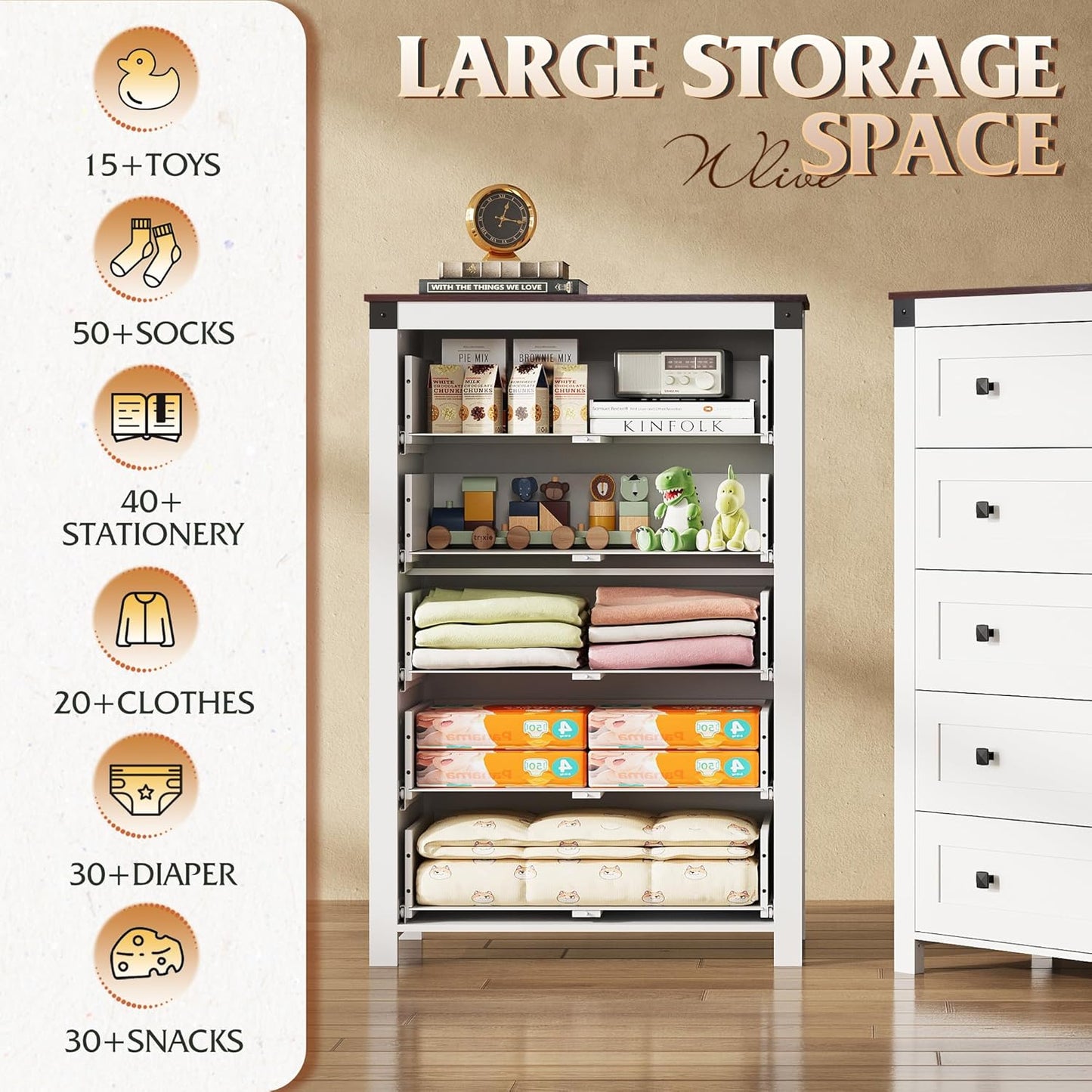 WLIVE Farmhouse White Dresser for Bedroom, 5 Drawer Dresser Storage Organizer, Tall Wood Dressers