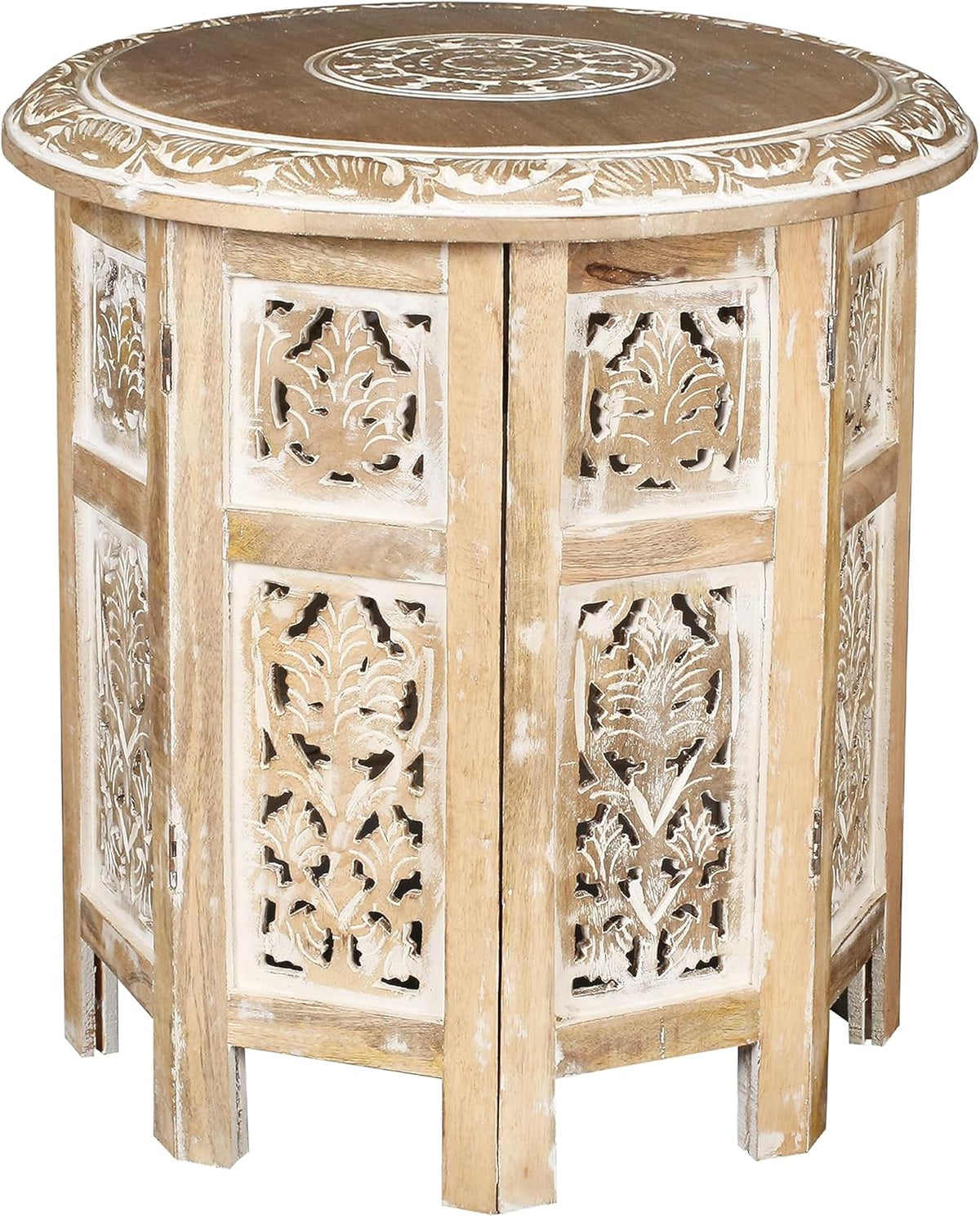 Lightnpro Hand Carved Solid Mango Wood Octagonal Accent Table - 18"×18" White Wash Farmhouse
