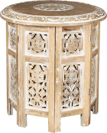 Lightnpro Hand Carved Solid Mango Wood Octagonal Accent Table - 18"×18" White Wash Farmhouse