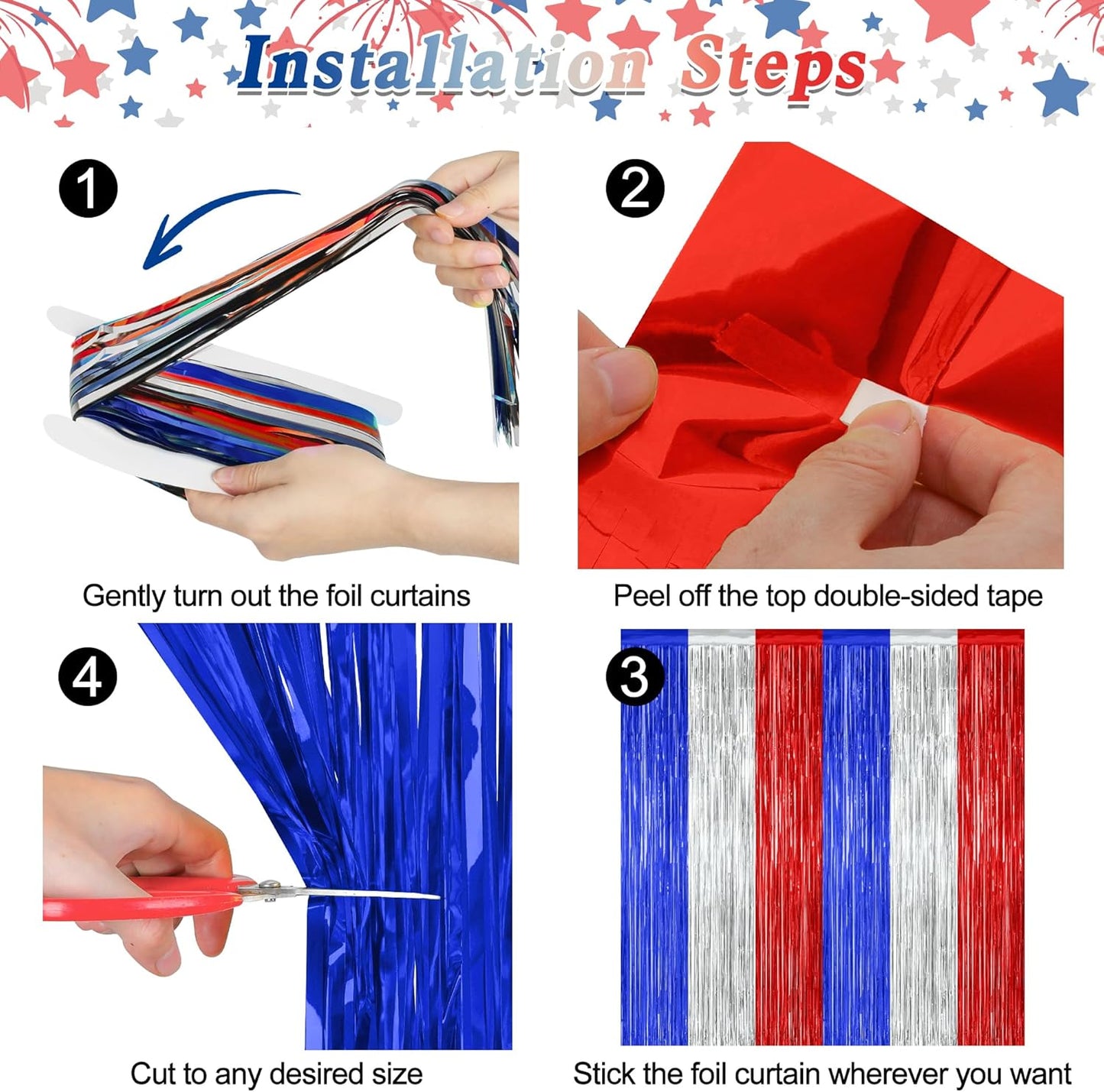 2 Pack 4th of July Party Supplies, 3.28 FT x 7.05 FT 4th of July Tinsel Backdrop, Blue Silver Red