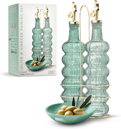 COOK WITH COLOR Glass Olive Oil Bottle Dispenser - 2 Pack- 17oz Oil and Vinegar Cruet - Olive Oil