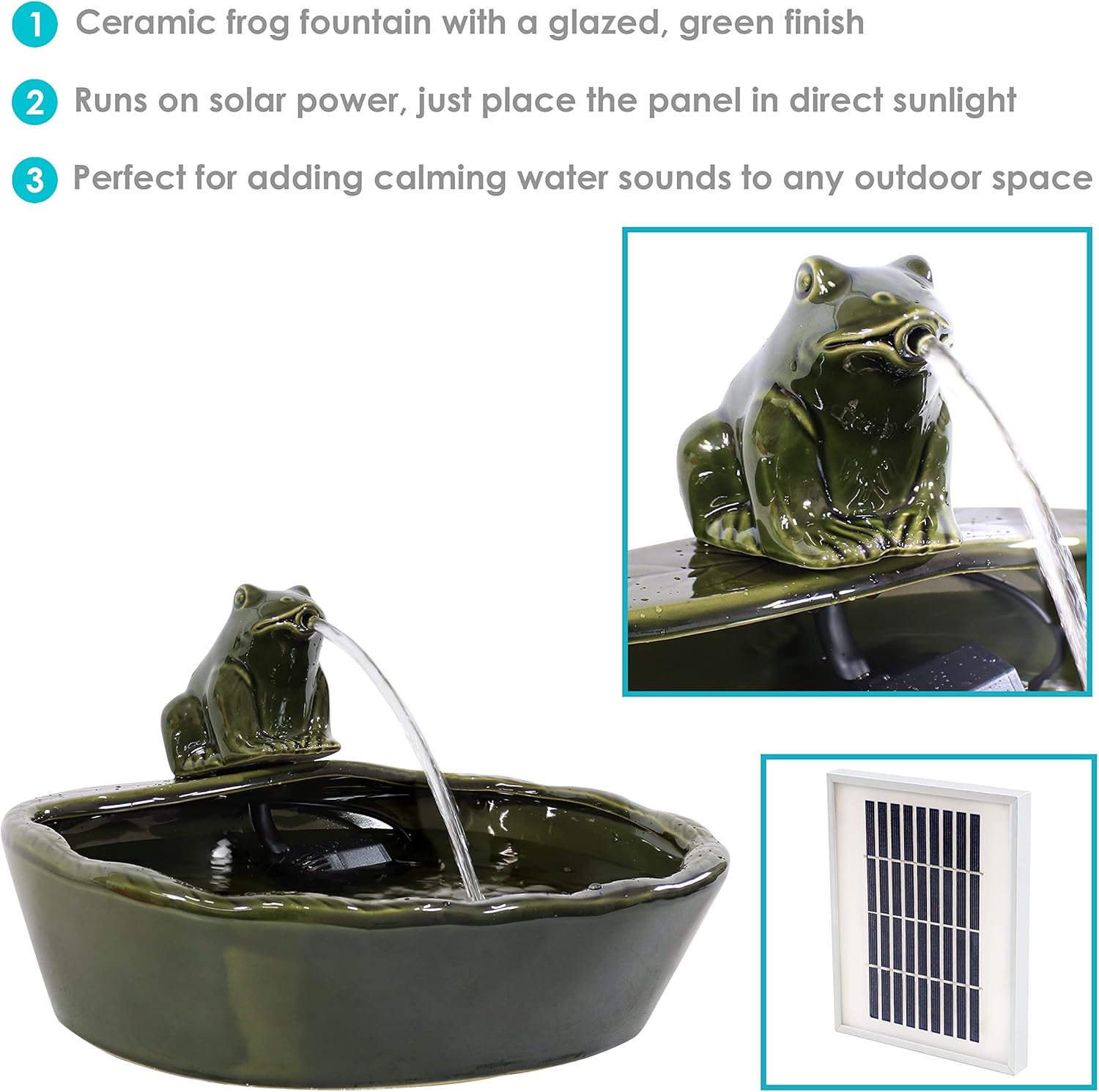 Sunnydaze Ceramic Solar-Powered Water Fountain - Green Glaze - Low-Voltage Submersible Pump with