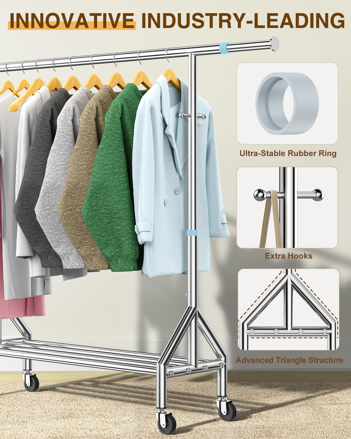 Fybee Heavy Duty Clothes Rack Load 520LBS, Adjustable Rolling Clothing Rack with Sturdy Wheel