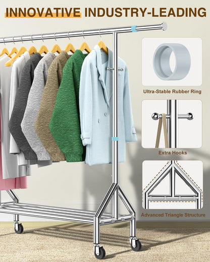 Fybee Heavy Duty Clothes Rack Load 520LBS, Adjustable Rolling Clothing Rack with Sturdy Wheel